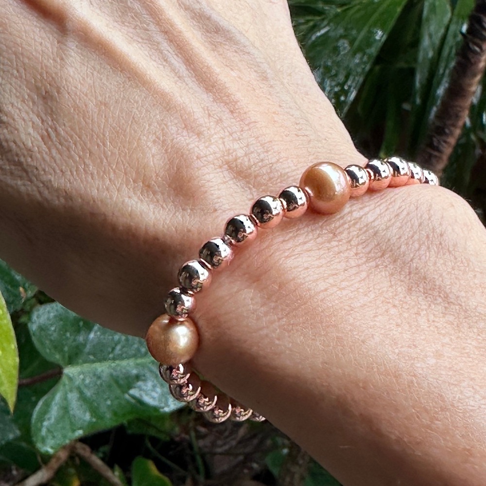 Rose Gold-Filled Beaded Stretch Bracelet Champagne Freshwater Pearl Accents 6.75